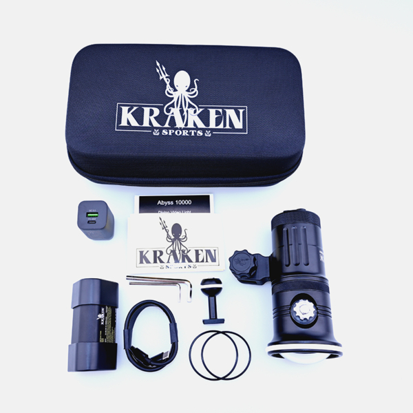 Kraken Sports Abyss 10000 underwater video light front view showing 10,000 lumen flood beam design.