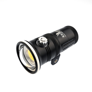 Kraken Sports Hydra 10000 WRGBU underwater video light side view showing push-button and dial control.