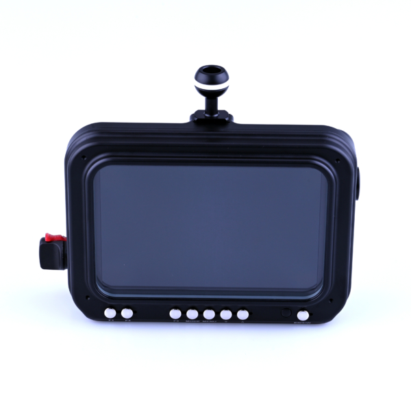 Front view of Kraken 7 inch Ultra Bright SDI underwater monitor with control buttons and ball mount