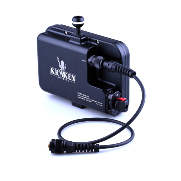 Rear view of Kraken 7 inch SDI underwater monitor showing SDI cable connection and mounting ball