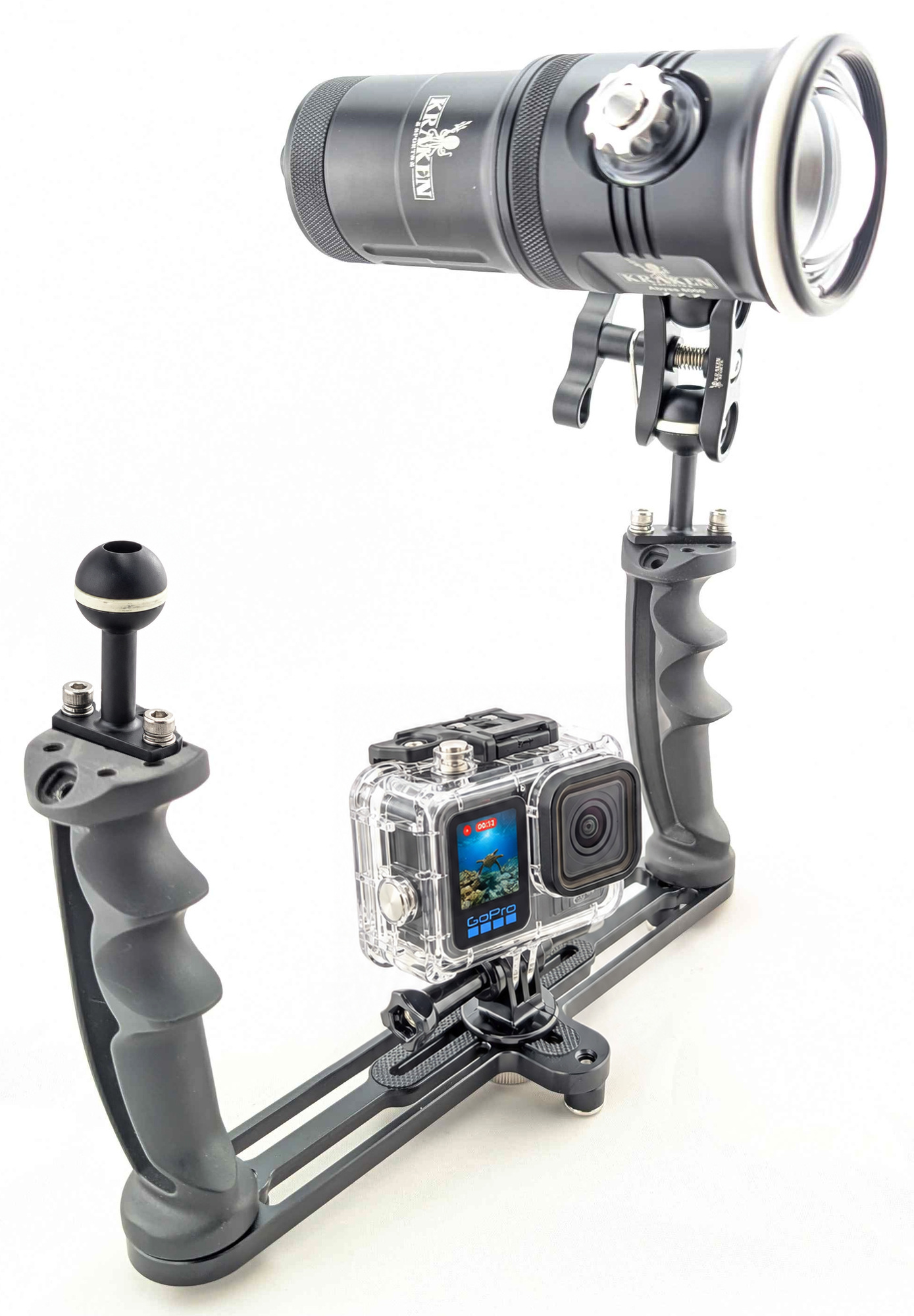 Kraken Abyss 6000 single-light kit with TR09 tray and BM3 arm; camera and housing shown for illustration, not included