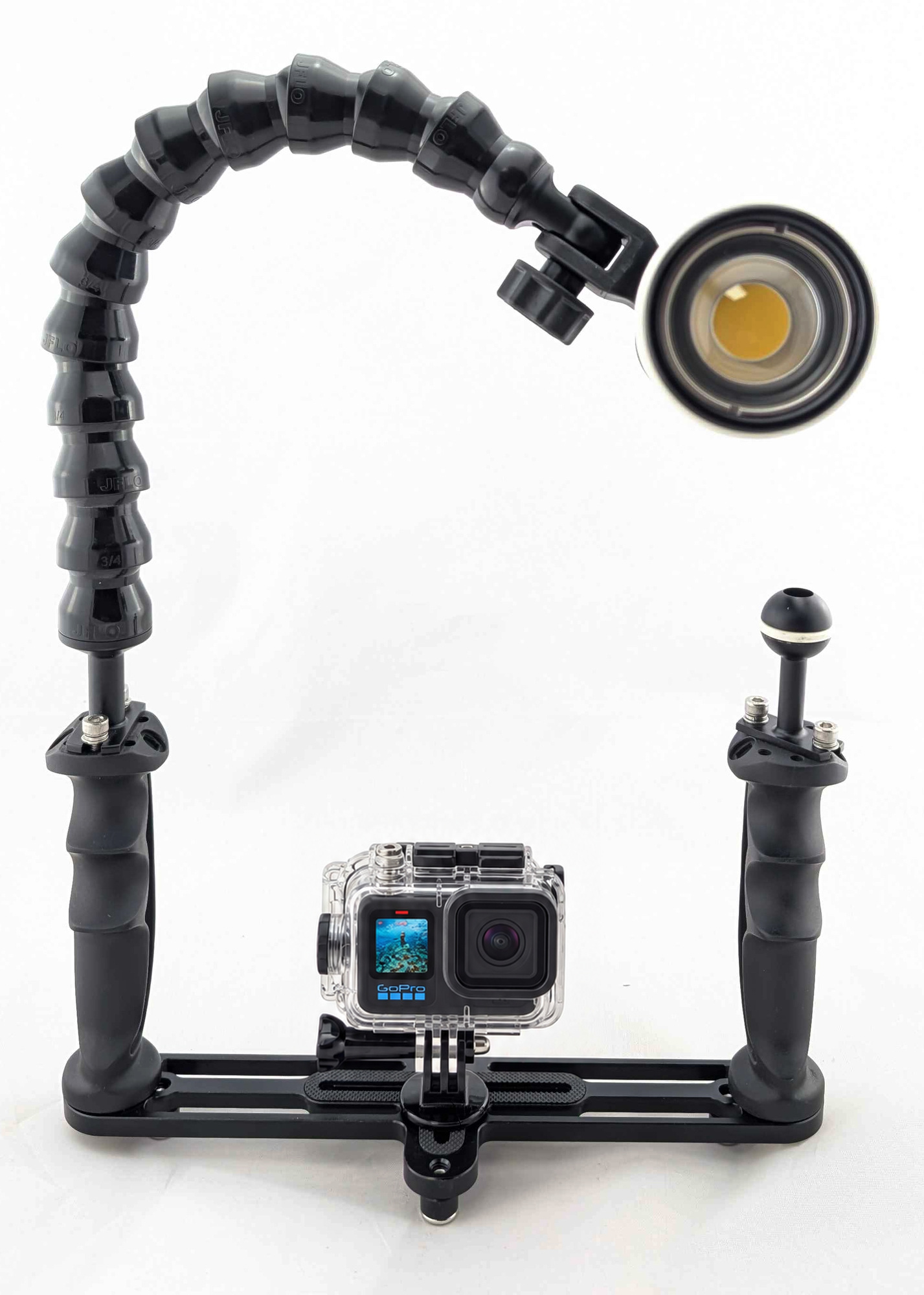 Kraken Abyss 6000 single-light kit with TR09 tray and FLEX01 arm; camera and housing shown for illustration, not included