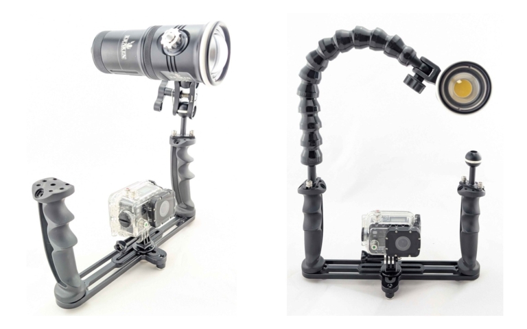 Two separate action-camera rig photos showing a compact arm with clamp on the left and a flexible arm on the right.